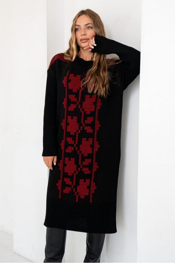 Knitted dress vyshyvanka Verbena (black burgundy scarlet) for chest circumference 88-108 cm